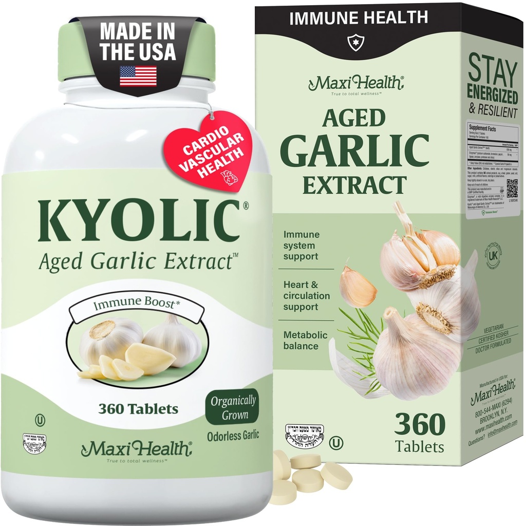 Maxi Health Kyolic complément à l'ail biologique - Comprimés d'ail casher avec extrait d'ail à l'âge kyolique pour le soutien immunitaire - pilules d'ail végétarien (360 comte)