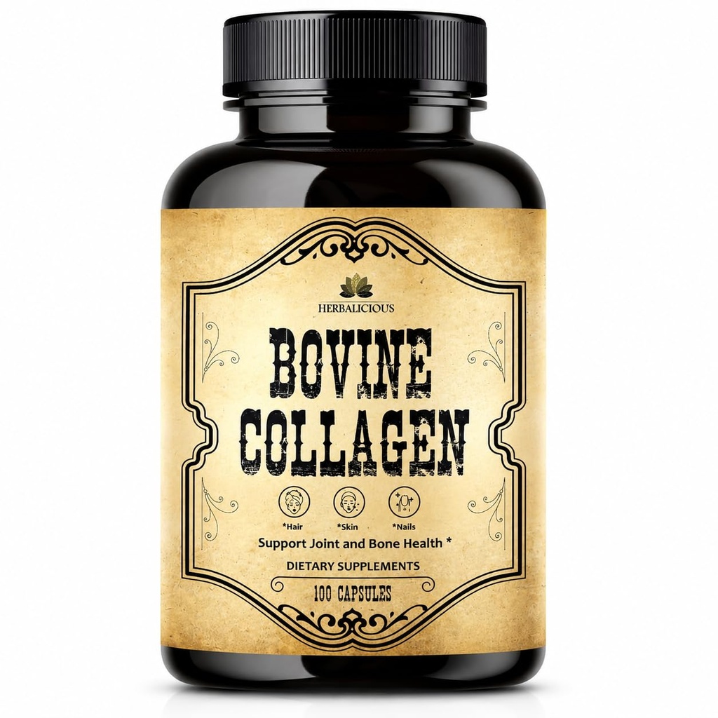 HERBALICIOUS Bovine Collages Supplementen voor mannen en vrouwen Gehydrolyseerde Grass-Fed Bovine Collages Peptides Gewricht, Nerve & Bone Support Niet GMO, Anti-Aging 100 Capsules