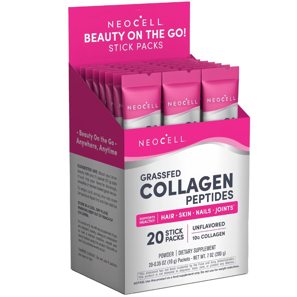 NeoCell Super Collageen Peptides, 10 g Collageen/Single-Serve Packet; Keto gecertificeerd, glutenvrij; voor gezonde huid, haar, nagels en gezamenlijke ondersteuning;* Unflavored Powder, 20 Servers, 7 Oz.