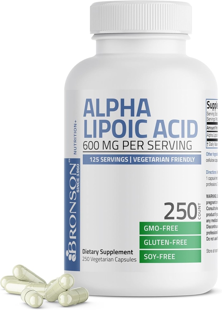 Bronson Alpha Lipoïnezuur 600 mg Vrije Radical Scavenger Ondersteunt Gezondheid - Non-GMO, 250 Vegetarische Capsules (125 porties)