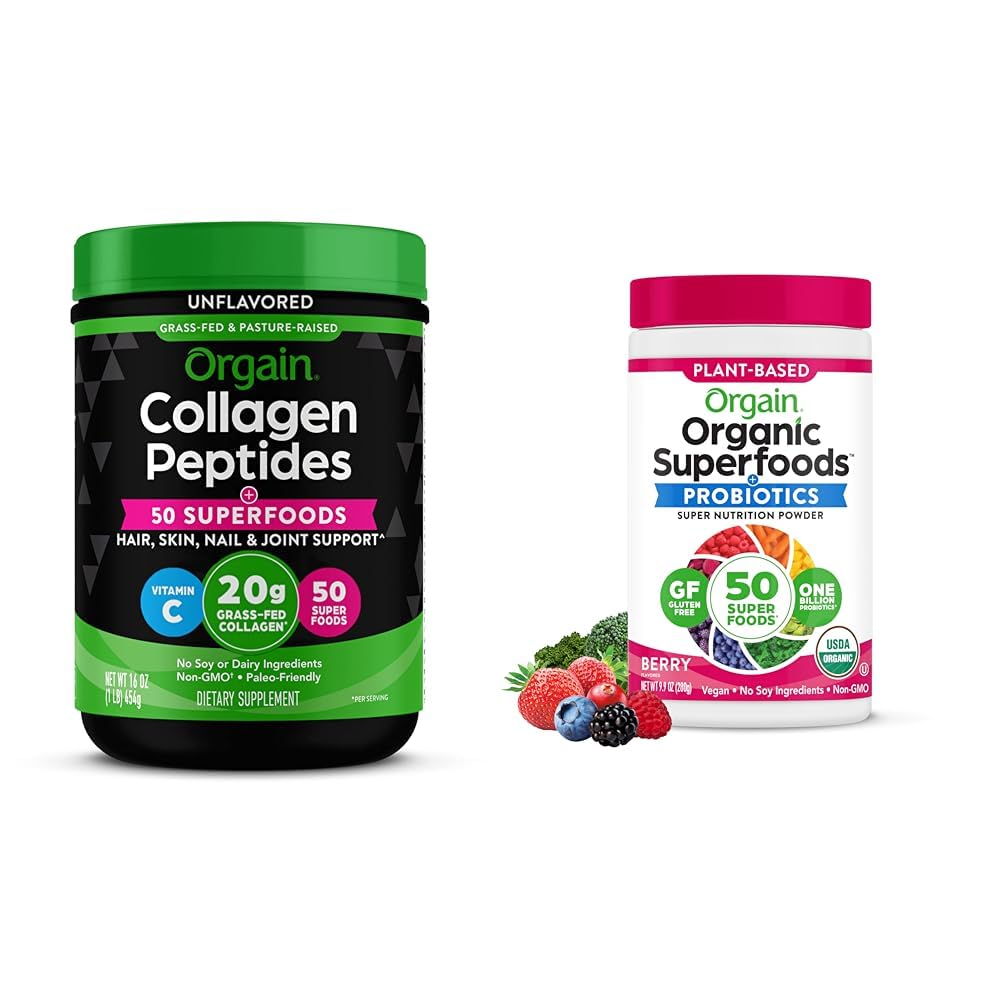 Collagène hydrolysé d'orgaine + Superaliments Poudre et Verts organiques Superaliments Poudre - 1lb et 0,62lb