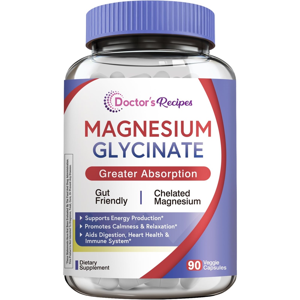 Recepten voor artsen Magnesium Glycinate Supplement, Aminozuur chelated, Non Buffered, Hoge Absorptie, Gemakkelijk op Maag, Ondersteuning Kalm, Bot, Hart, Energie, Zenuw, 90 Vegan Capsules