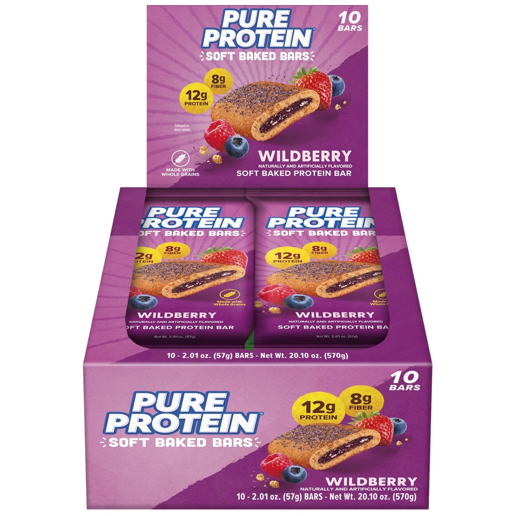 Pure Protein Wildberry Soft Baked Protein Bars – 12g Protein, 8g Fiber, Whole Grain Breakfast Bars, High Fiber, Individually Wrapped Protein Snacks for On-the-Go – 10 Count
