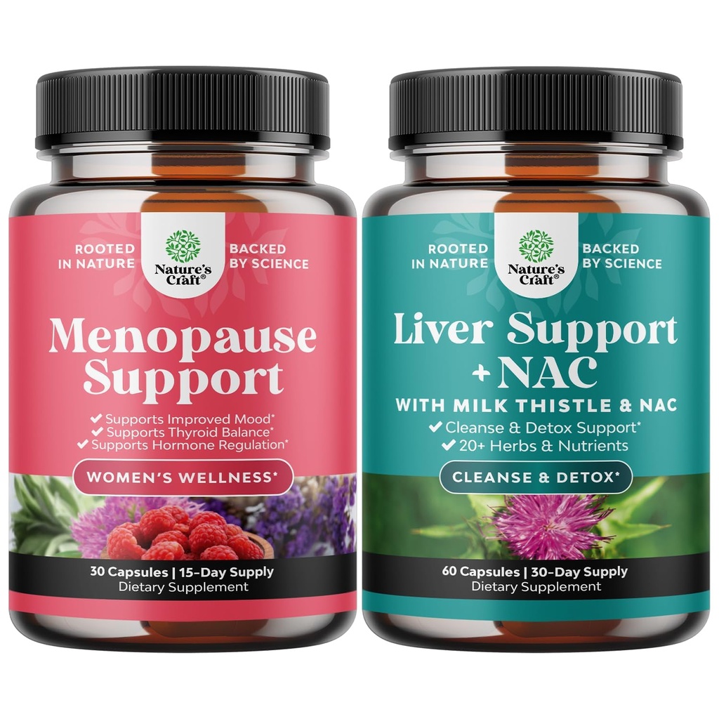 Ensemble de complément à la ménopause pour les flashs chauds avec Dong Quai Vitex Chaste Berry & Black Cohosh and Liver Support NAC - Thistle Lait N Acétyl Cysteine avec Turmeric, Choline, Dandelion & L-Glutathion