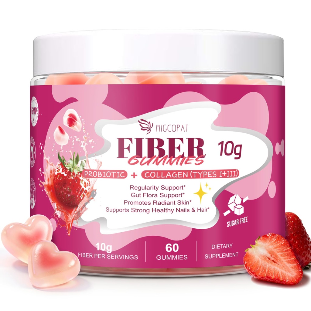 Migcopat 10G Fiber Gummies with Collagen Peptides, Hyaluronic Acid, Vitamin C, ACV, 30 Billion CFU Probiotics – Sugar Free Collagen Gummy for Skin, Hair & Nails – Digestive Health Support – 60 Cts