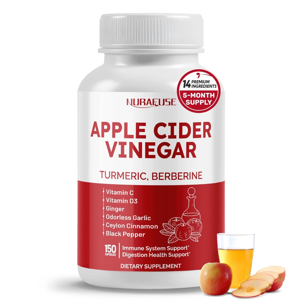 Apple Cider Vinegar 14-in-1 Supplement met Kurkuma Gember Knoflook kaneel Fenegriek Blueberry Milk Thistle Banaba - Made in The USA