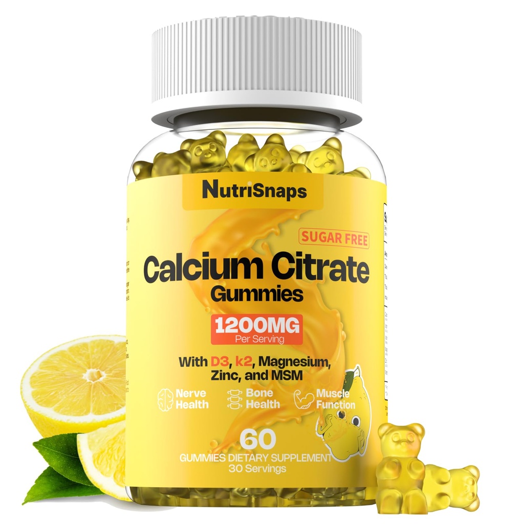 Suikervrije Calcium Citroen Gummies 1200mg met vitamine D3 K2, Magnesium, Zink, MSM voor mannen & vrouwen, bot, spier, Immuun Ondersteuning, Ultimate Absorptie Calcium Supplement, Vegan, 60 Tellen