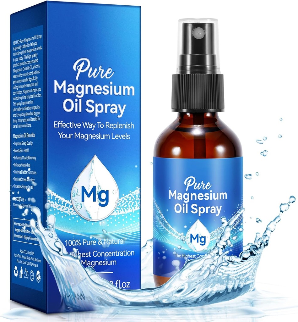 Magnesium Spray, Pure Magnesium Oil Spray voor voeten, Natuurlijke Biologische Ingrediënt in glazen fles, Gemakkelijk te absorberen en gebruik (60ML)