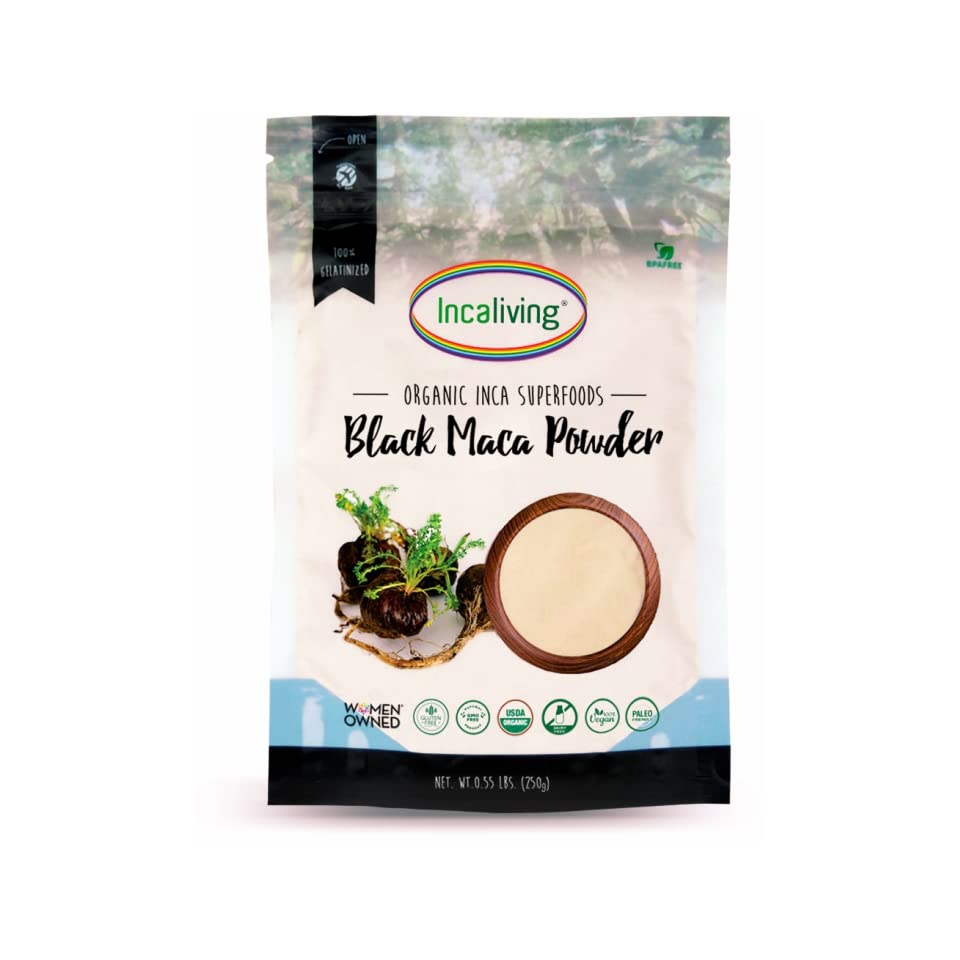 Incaliving Peruvian Black maca Powder: 100% gelatinized and USDA Organic from The Andes of Peru| 50 Days Supply