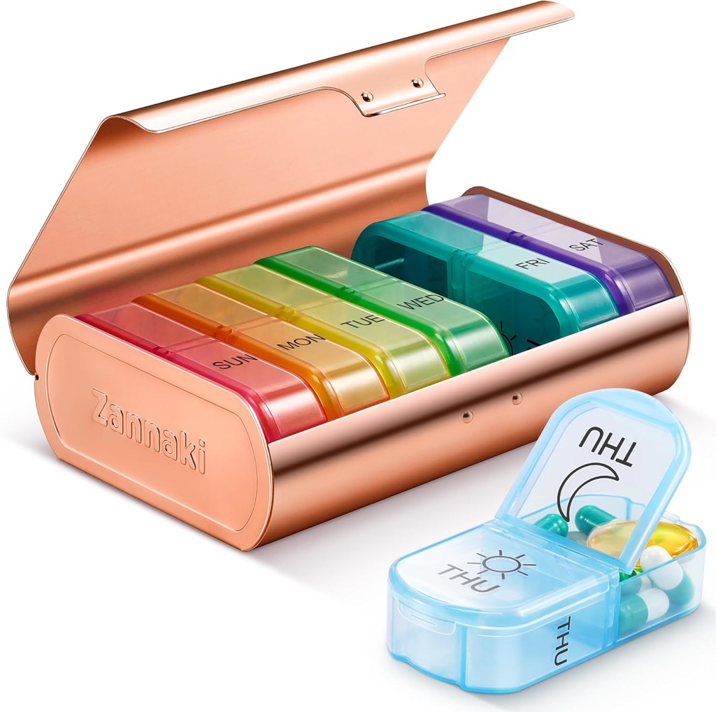 Zannaki Metal XL Weekly pil Organizer 2 keer per dag, grote reizen dagelijkse pil doos 7 dag, draagbare week Twee keer pil houder Container, AM PM pil geval voor medicijnen vitamine medicatie supplement, goud