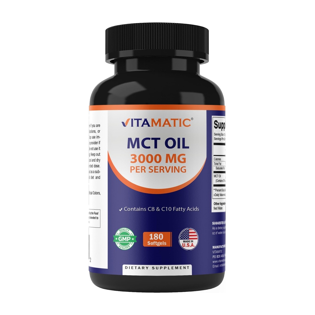 Vitamatisch MCT Olie 3000 mg per portie - 180 Softgels - uit kokosolie - Bevat 55% caprylzuur C8 en 40% caprinezuur C10