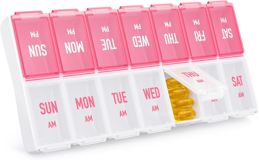 Weekly pil Organizer 2 keer per dag, stijlvolle pil doos 7 dag AM met grote compartmenten, pil geval Gemakkelijk te gebruiken, BPA-vrije pil Container voor vitaminen, visolie, supplementen, geneesmiddelen, roze