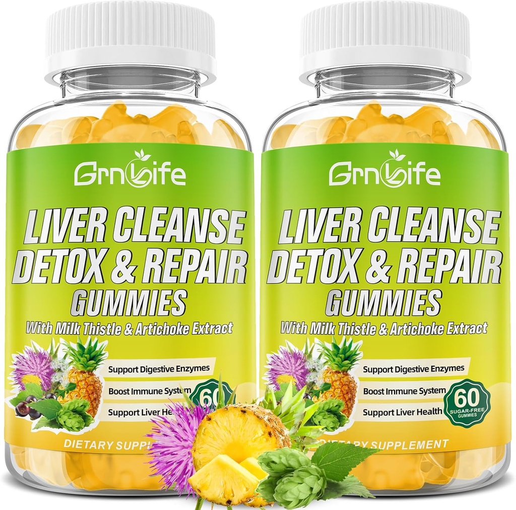 Lever Reiniging Detox & Reparatie Gummies met melk distel 3000mg, 24-in-1 Lever Gezondheid Supplement met Dandelion, Artichoke, Suikervrije lever Detox Gummies, Ananas smaak - 120 Tellen