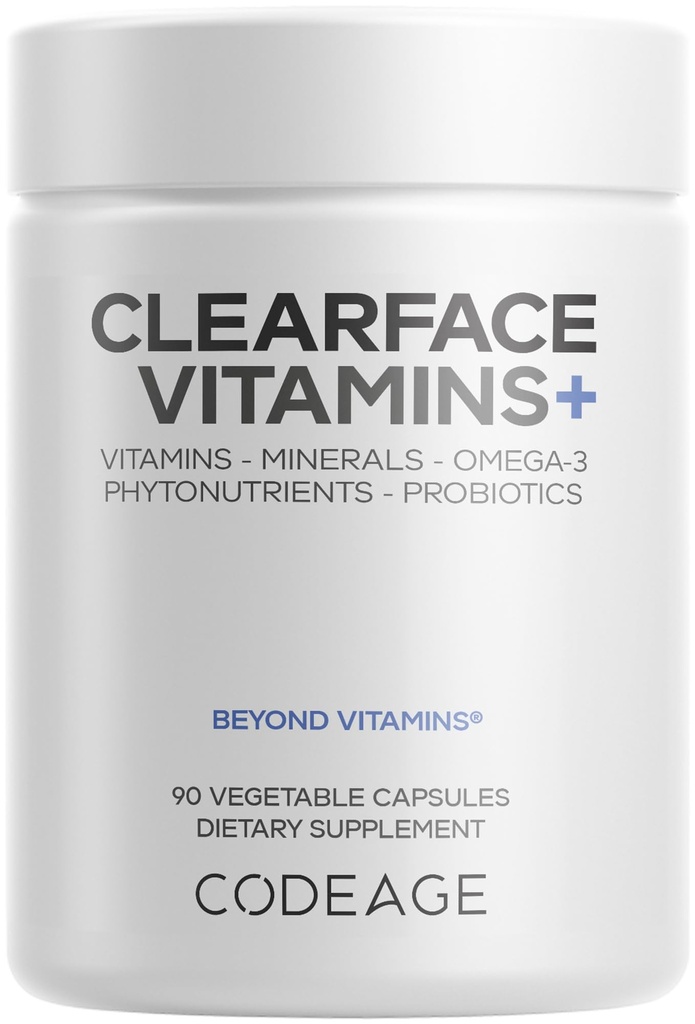 Codeage Clearface Pantothenic Acid, Niacin Supplement, Vitaminen A, C, D3, E, Probiotica, Zink, Riboflavine, Thiamin, L-Lysine HCL & Omega-3, Niacinamide, Botanical Blend - Non-GMO - 90 Capsules