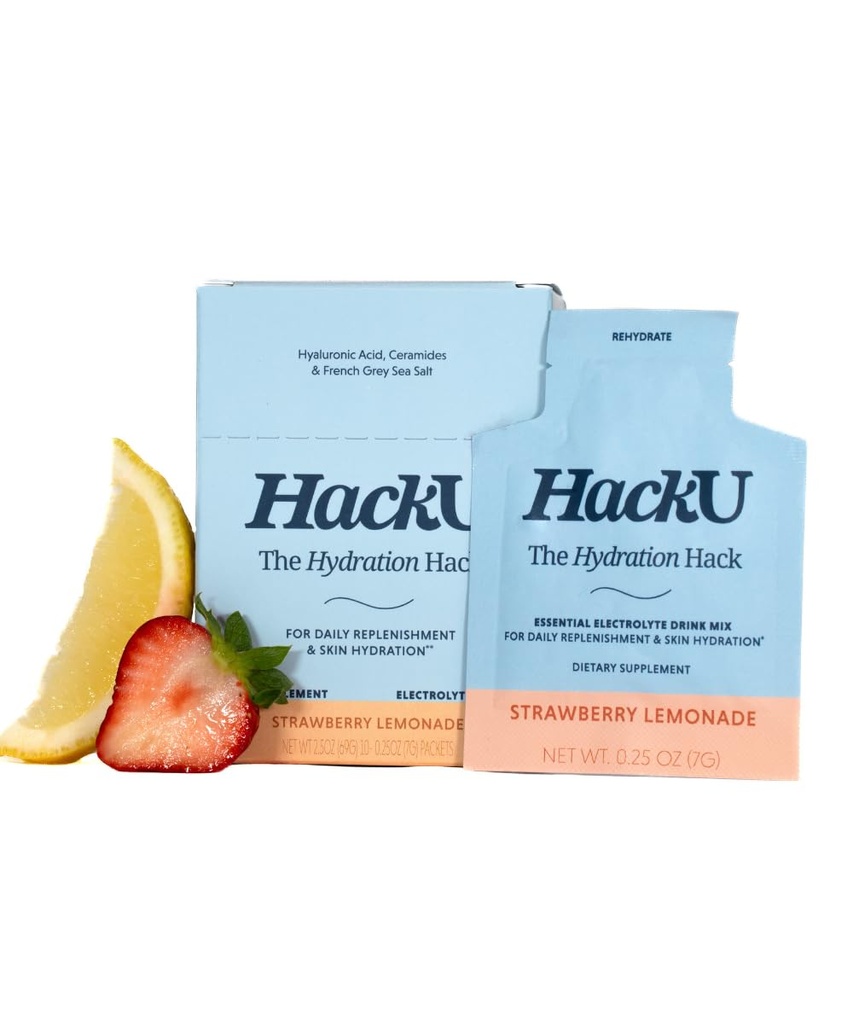 HackU The Hydration Hack, Strawberry Lemonade, Sugar-Free, Electrolyte Drink Mix with Sea Salt, Magnesium, Potassium, Hyaluronic Acid, Vitamin-C, 10pk/25pk