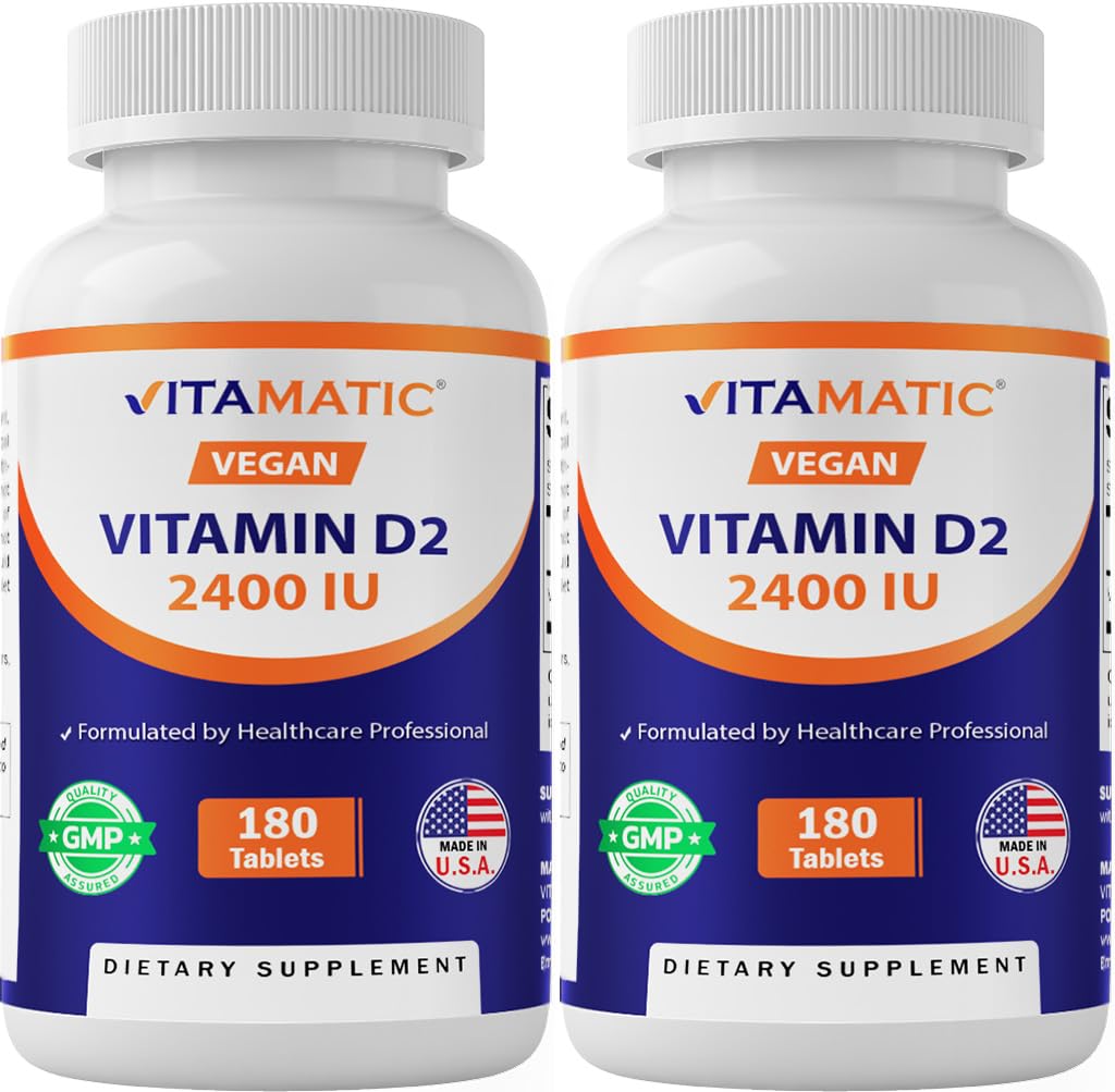 Vitamatic Vitamin D2 60 mcg (2400 IU) - Ergocalciferol - 180 Vegetarian Tablets (180 Tablets (Pack of 1)) (2 Bottles)