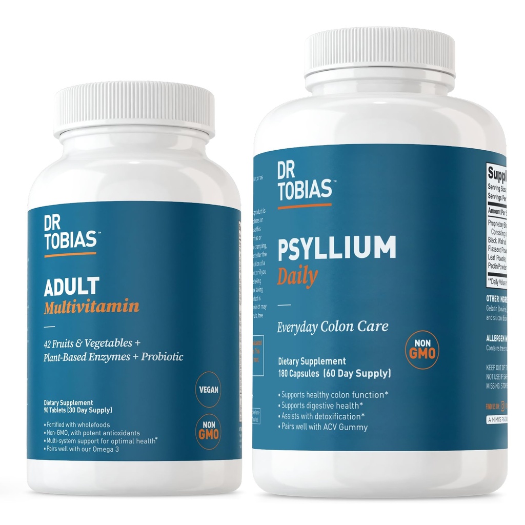 Dr. Tobias Adult Multivitamine & Psyllium Daily Supports Energy, Immunity & Healthy Bowel Movements with 42 Fruits & Vegatables, Pslium Husk, Bentonite Clay, Flaxseed & Natural Ingredients