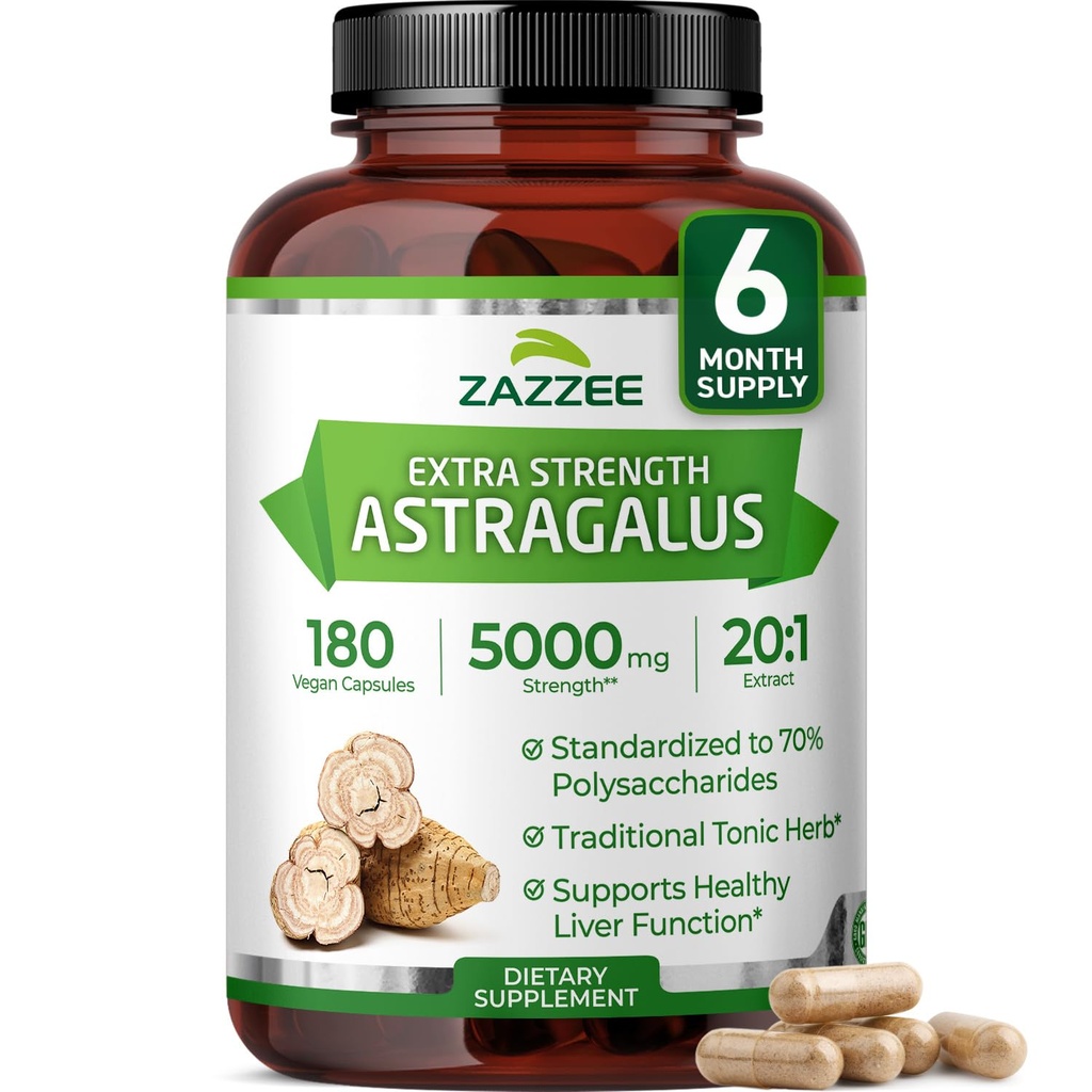 Zazzee Extra Sterkte Astragalus Root 20:1 Extract, 5000 mg Sterkte, 70% Polysacchariden, 180 Vegan Capsules, 6 maanden Levering, 100% Vegetarisch, gestandaardiseerd en geconcentreerd 20X Extract, Non-GMO