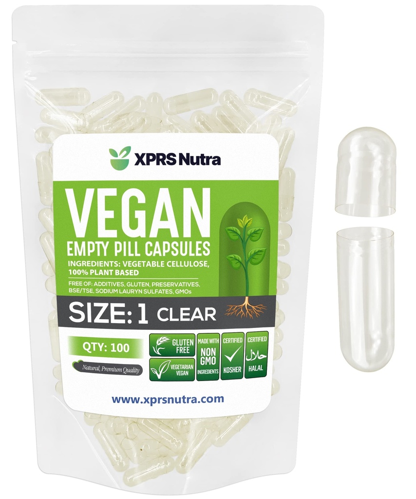 XPRS Nutra Maat 1 Lege Capsules - 100 Graaf Heldere Lege Vegan Capsules - Vegetarische Pillen - DIY Plantaardige Capsule Vegetarische Pill Caps voor Do-It-Yourself Supplementen