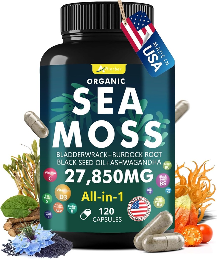 Complexe de capsules de mousse de mer avec mousse de mer, huile de graines noires, Aşhwagandha, Ginger & Vitamines C, D3-120 Capsules, suppléments super-alimentaires - Pilules de mousse de mer, pilules de la mer sauvage, fabriqués aux États-Unis