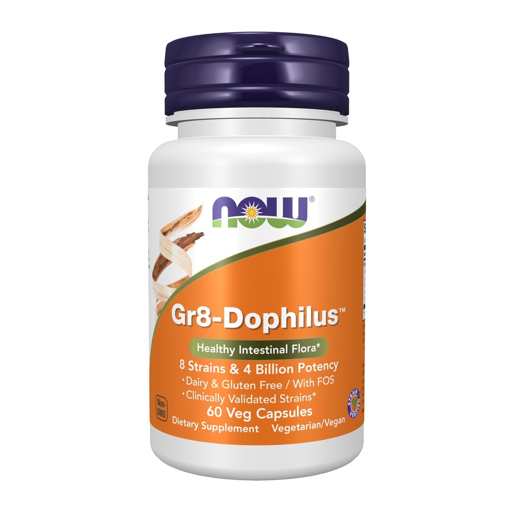 NU Foods Supplements, Gr8-DophilusTM met 8 Strains & 4 Miljard Potency, Plank Stable, 60 Veg Capsules