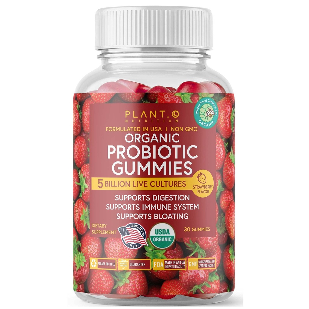 Plant.O Biologische Probiotische Gummies voor vrouwen, mannen en kinderen [5 miljard CFU USDA Certified] Help Ondersteuning Vertering, Opgeblazen, Constipatie & Immune System, Aardbei smaak, 30 Kauwbare Probiotica