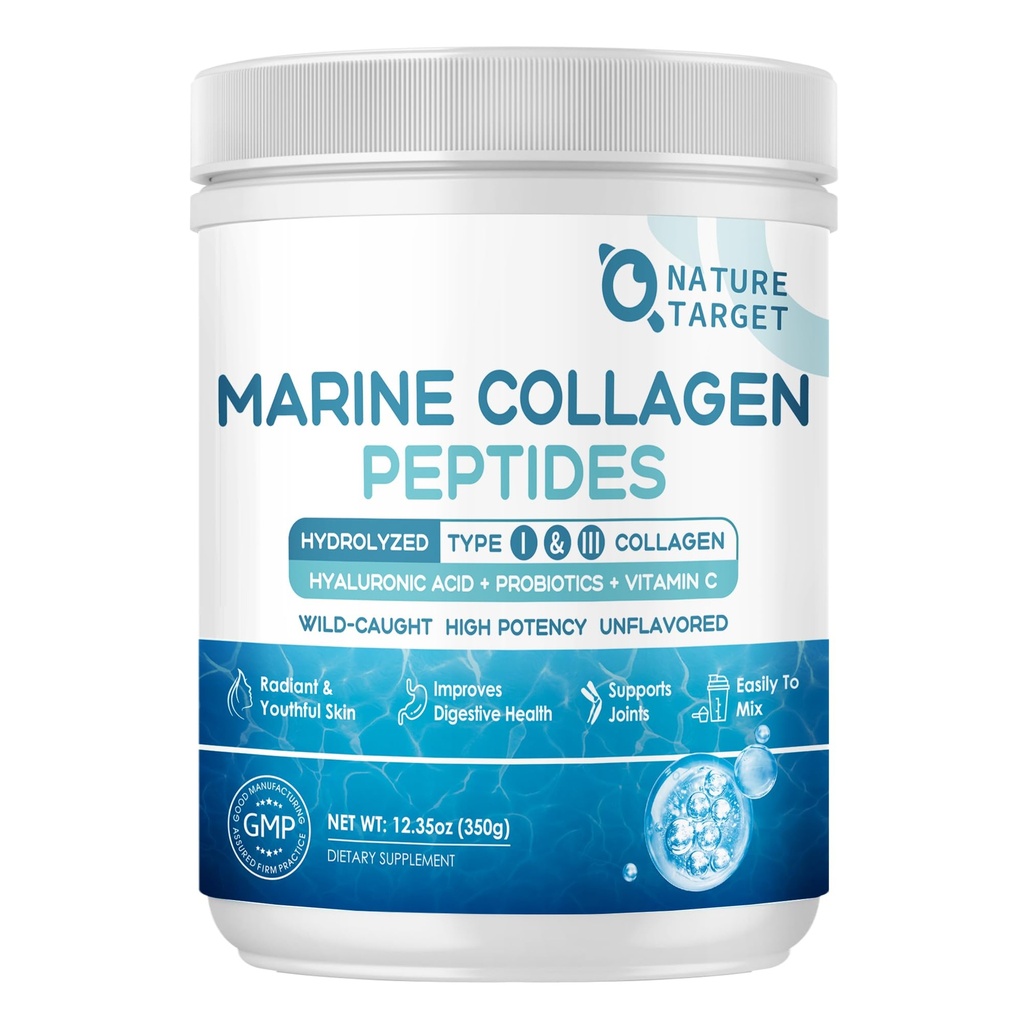 NATURE TARGET Marine Collageen Peptides Powder - Type I & III Collageen with Probiotics, Vitamine C & Hyaluronic Acid for Skin, Hair, Nails, Wild-Caught Fish & Grass-Fed Bove, 35 Servings