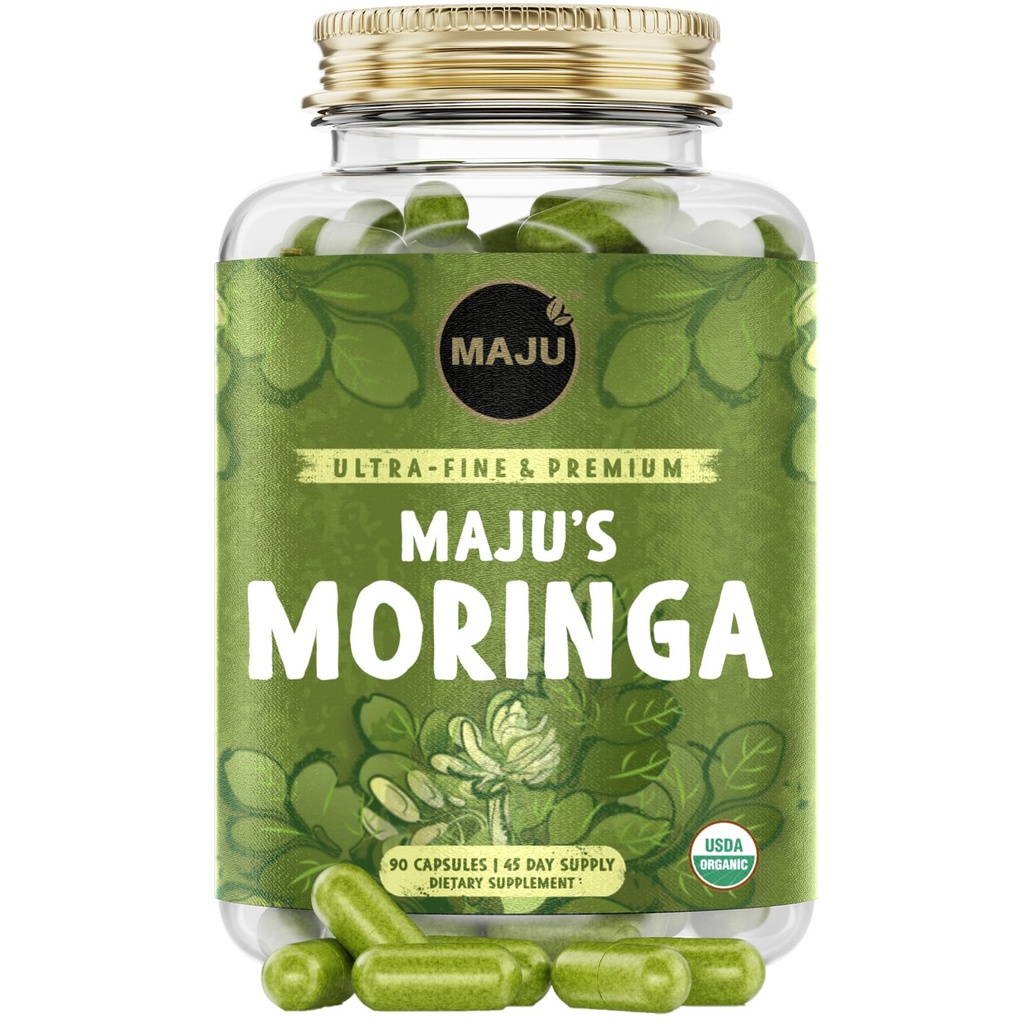 Maju Superfoods Biologische Moringa Capsules, Oleifera Leaf, Extra-Fine Kwaliteit Moringa Bladeren, Gedroogde Drumstick Boom Bladeren, Biologische Moringa Poeder Extract Supplement Capsules van Plant (90 ct)