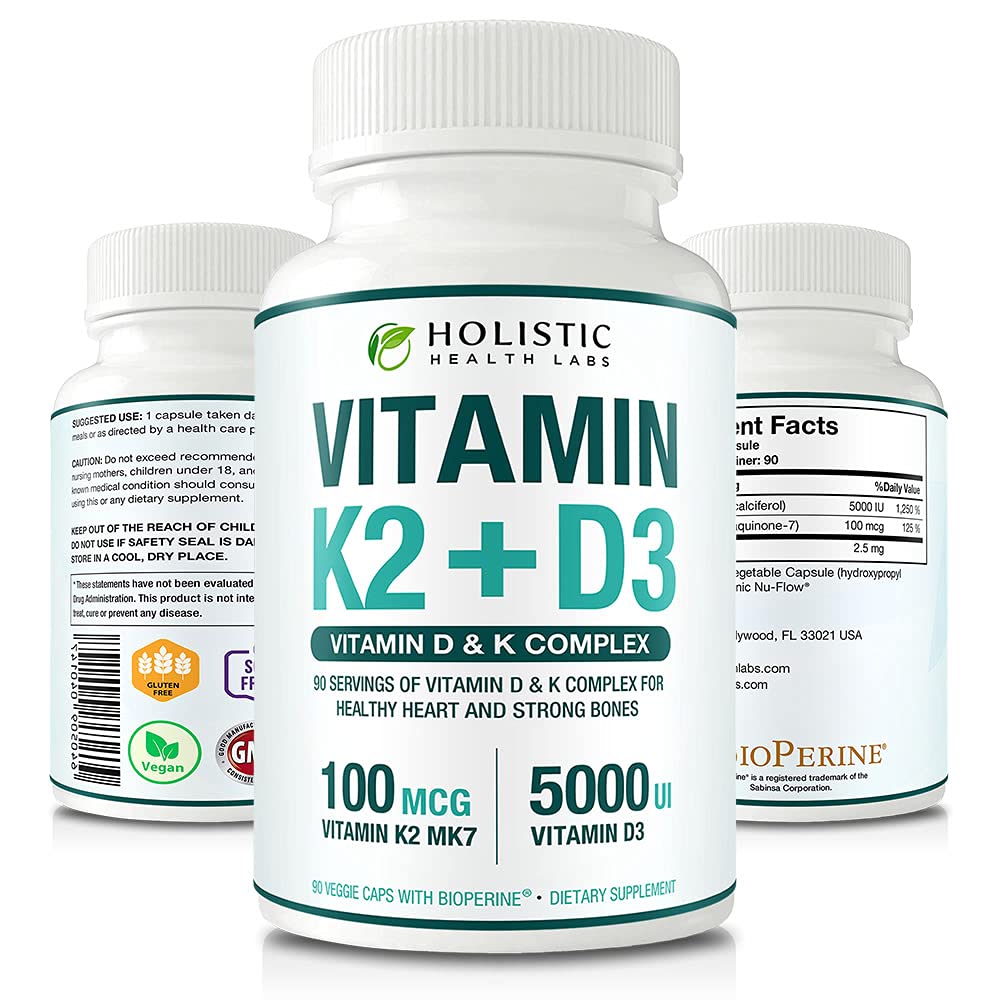 Max Absorptie Vitamine K2 + D3 (5000IU) 90 Veggie Capsules van MK-7 (Menachinon-7) en Cholecalciferol (met BioPerine) 3-maands levering 