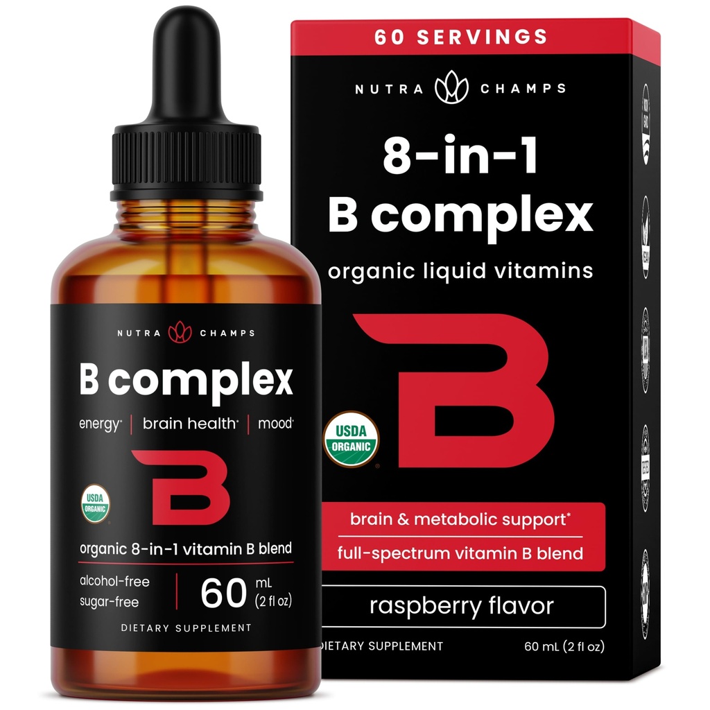 USDA Organic Vitamin B Complex Liquid Drops Sublingual B12 Methycobalamine B1, B2, B3, B5, B6, B7, B9 