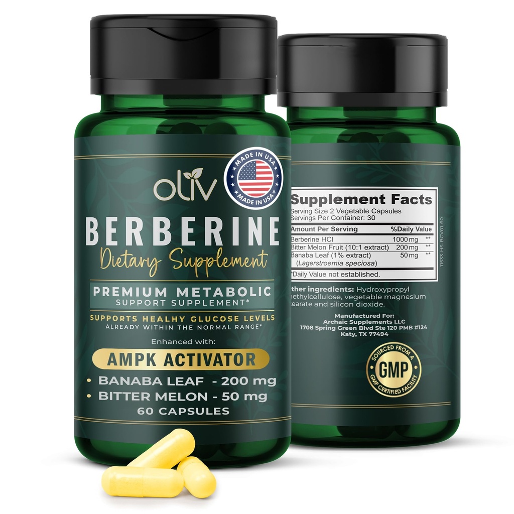 oliv Pure Berberine Supplement Capsules – Berberine HCI 1000mg - Soutien métabolique naturel avec 200mg Extrait de fruits à mélône amère et 50mg Banaba Leaf – 2 capsules de légumes par jour (30 portions)