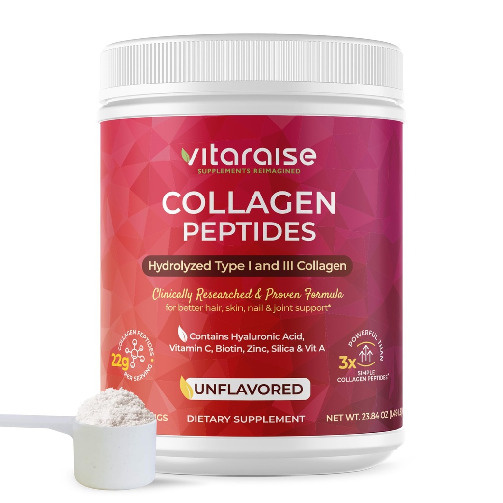 Hydrolyzed Collagen Powder - Type I & III Grass Fed Naturally 3X Powerful Collagen Peptides Powder for Women & Men - Hair, Skin, Nail, Joints - Unflavored, Gluten Free, 22g per 30 Serving - 1.49 lbs