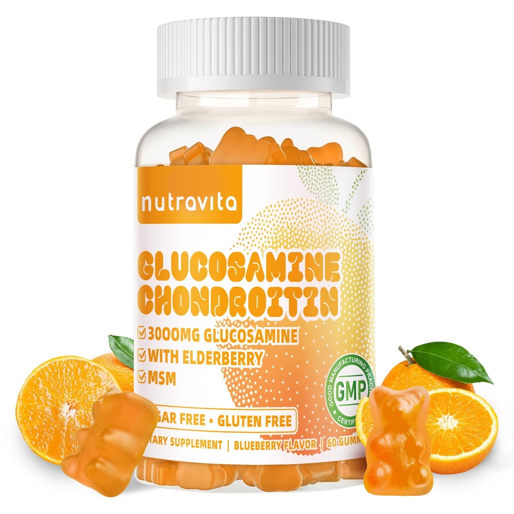 Nutravita Glucosamine Chondroitin Gummies met MSM & Vlierbes extra sterkte - Gezamenlijke ondersteuning, Antioxidant Immuun Ondersteuning Supplement voor volwassenen, mannen & vrouwen.60 Oranje Kauwen