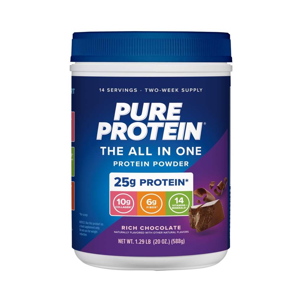 Pure Protein All-In-One Powder, Rich Chocolate - Whey & Collagen, High Fiber, Vitamins, No Added Sugar, Non-GMO, Gluten-Free, 1.25lb