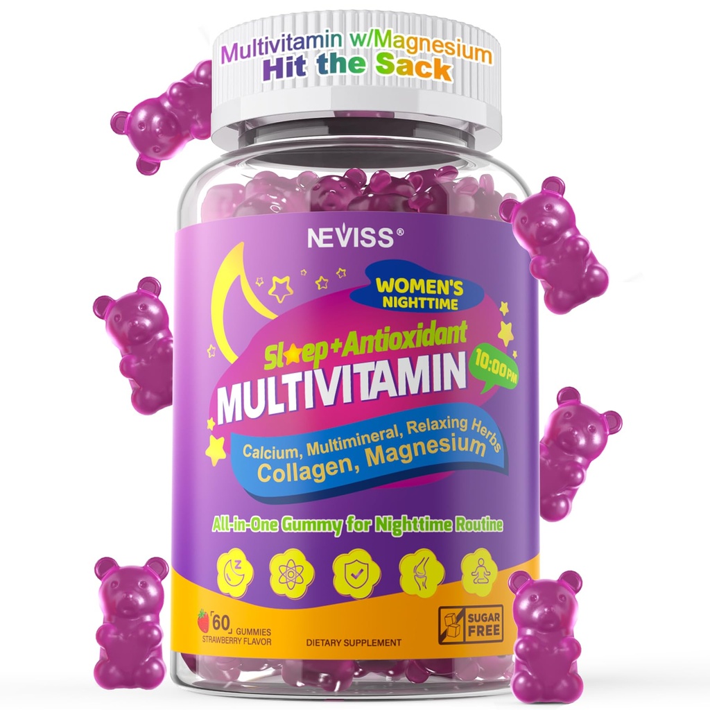 NEVISS Multivitamin for Women Gummies with Magnesium Glycinate 400mg, Calcium D3K2, Hydrolyzed Collagen Gummy for Night Renewal/Sleep, Antioxidant, Relax, Bone, Womens 18 30 40 50 60 70+ Daily Vitamin