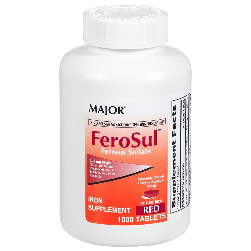 Major FeroSul - Ferrous Sulfate 325 mg tabletten - IJzeren Supplement voor vrouwen en mannen - Speciaal gecoate makkelijk doorslikken tabletten - rood - 1000 telling