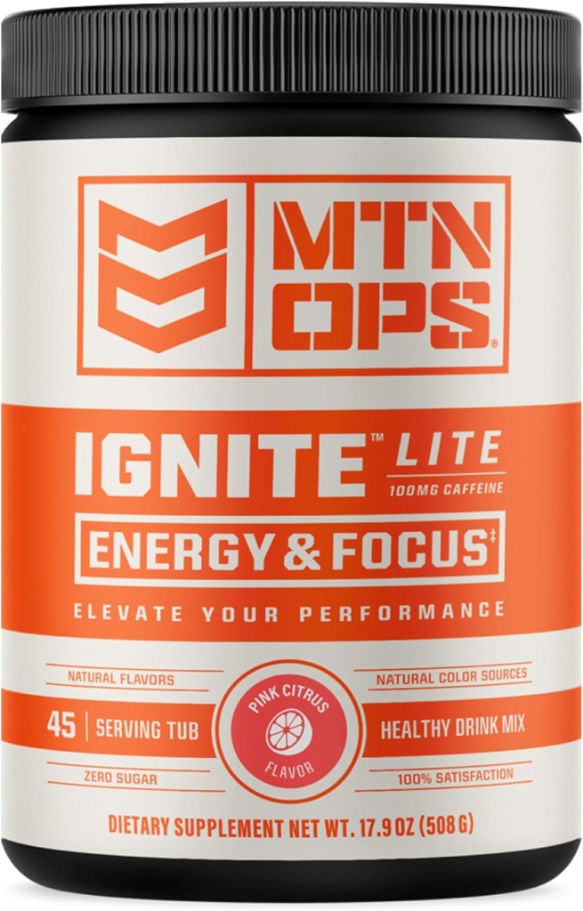 MTN OPS Ignite Lite Energy Drink Powder Glutenvrije Nitric Oxide Supplement Drink Mix, L Arginine, L Citrulline, Cafeïne en Nootropic Sugar Free Drink Mix, 45 porties, Roze Citrus