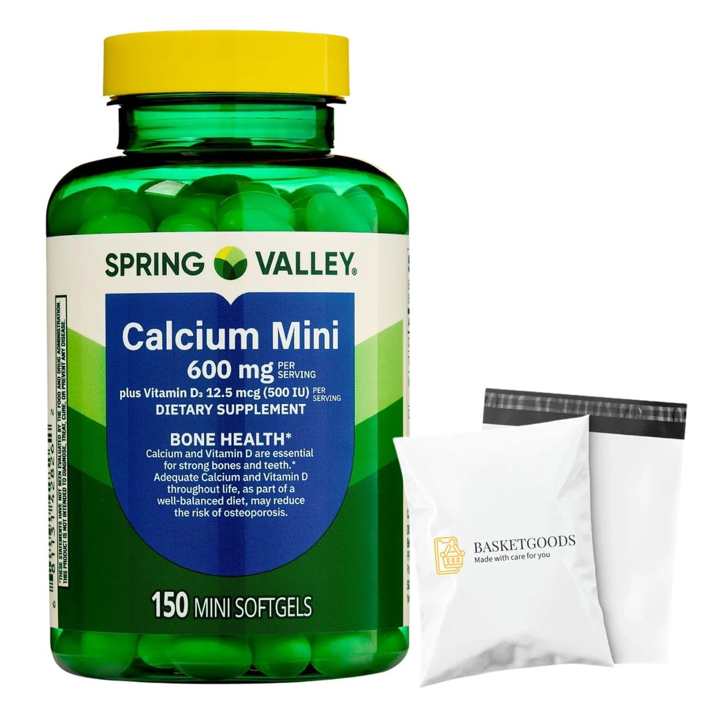 SV Calcium 600mg with Vitamin D3 Bone & Teeth Support, 150 Mini Softgels – Easy to Swallow, Gluten-Free, Non-GMO Set by Basketgoods