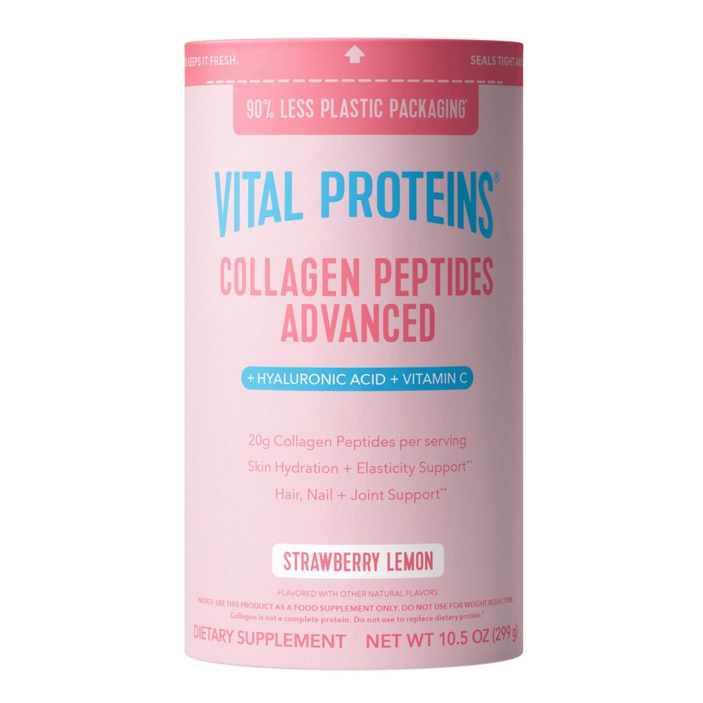 Protéines vitales Peptides de collagène avancés, Peptides hydrolysés avec acide hyaluronique et vitamine C - Poudre de citron de fraise, 10,5 oz