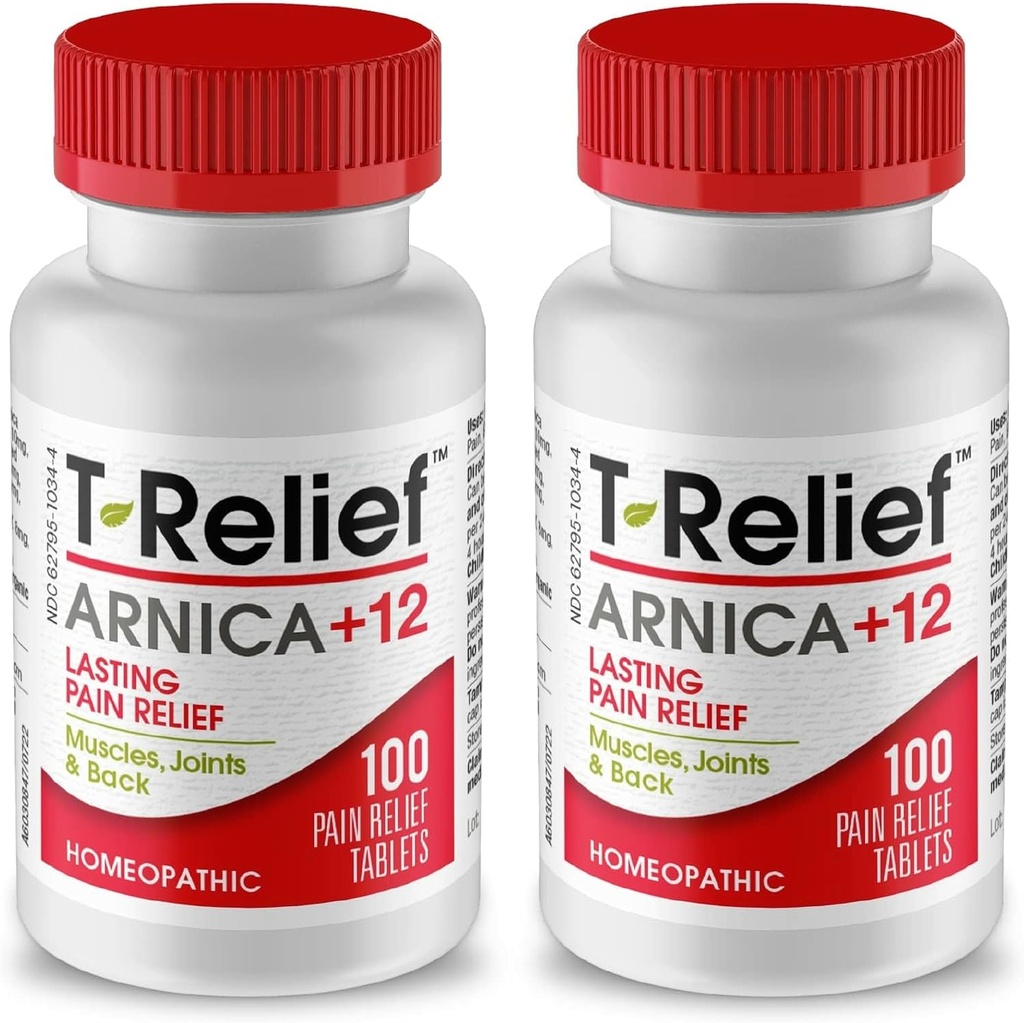 T-Relief Arnica +12 Natuurlijke Relieving Actives voor rugpijn Gewrichtspijn Spierpijn & Stijfheid, Gehele lichaam snelle acting Relief voor vrouwen & mannen - 100 tabletten (2 verpakkingen)