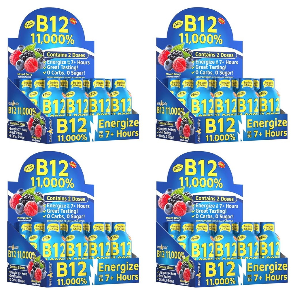 Graad A kwaliteit, B12 gemengde Berry smaak, Tot 7+ uur van energie, 1,93 Fl Oz, 48 Tellen