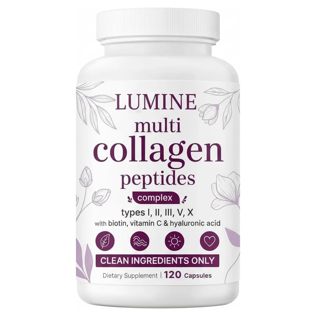 LUMINE Multi Collagen Complex Capsules, Collagen Peptides, Non-GMO Ingredients,Free from Gluten and Soy. Vegan-Friendly, 120Capsules / 60 Servings