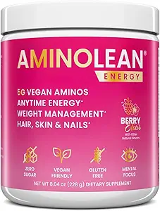 AminoLean Pre Workout Powder, Amino Energy with Natural Cafeine from Green Tea, Vegan BCAA Amino Acids, Cherry Lime (25 Serv)