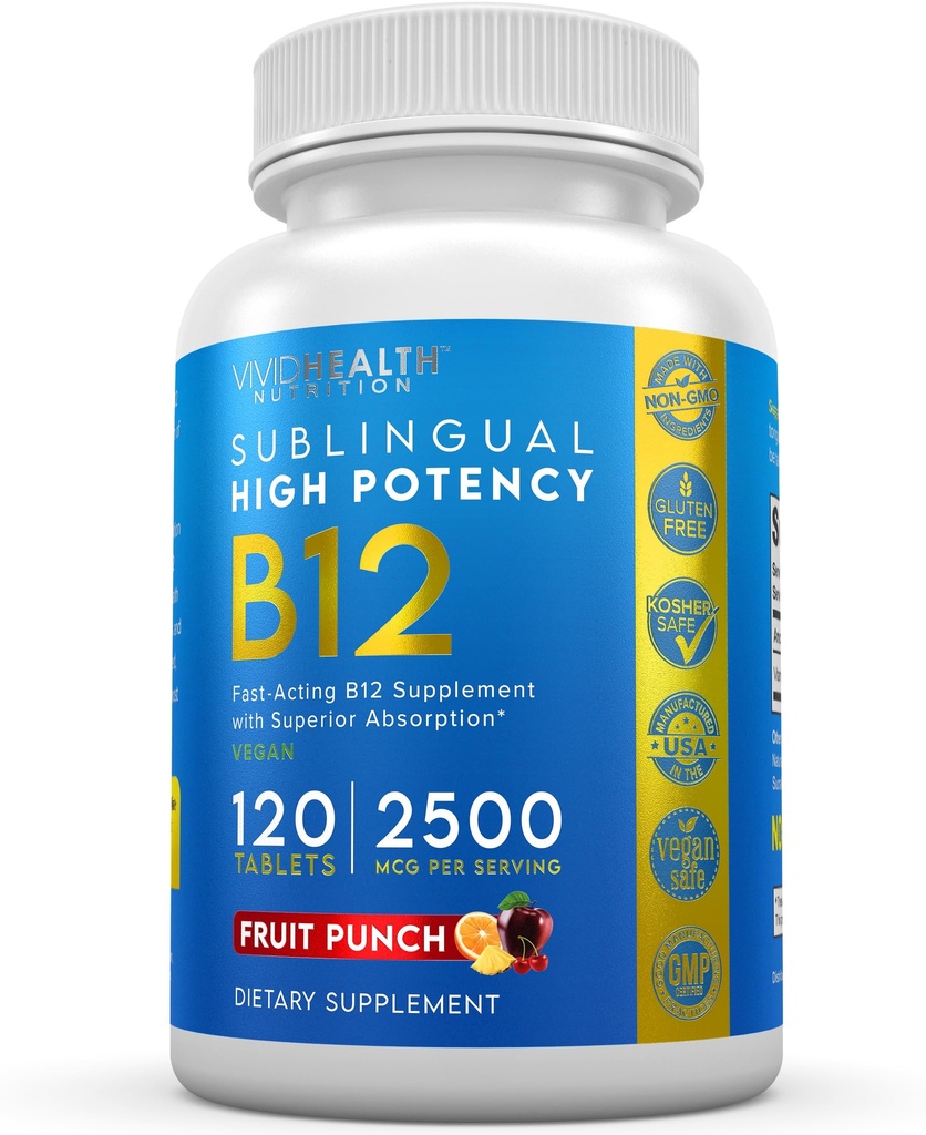 Energy Boosting Vitamin B12 Sublingual | Quick Dissolve Vegan B-12 with Methylcobalamin for Metabolic & Brain Support, 120 Fruit Punch Tablets