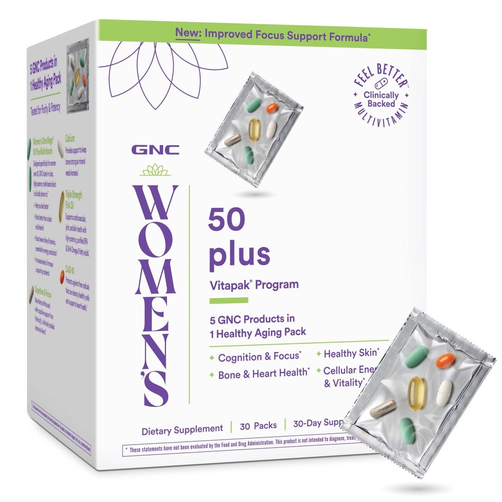 GNC Women’s 50 Plus Vitapak Program, Convenient Complete Nutrition, 5 Products in 1 Packet, Healthy Aging, Memory, Bone & Heart Health, with Proven Ingredients, Vitamin D-3, Biotin, 30 Daily Packs
