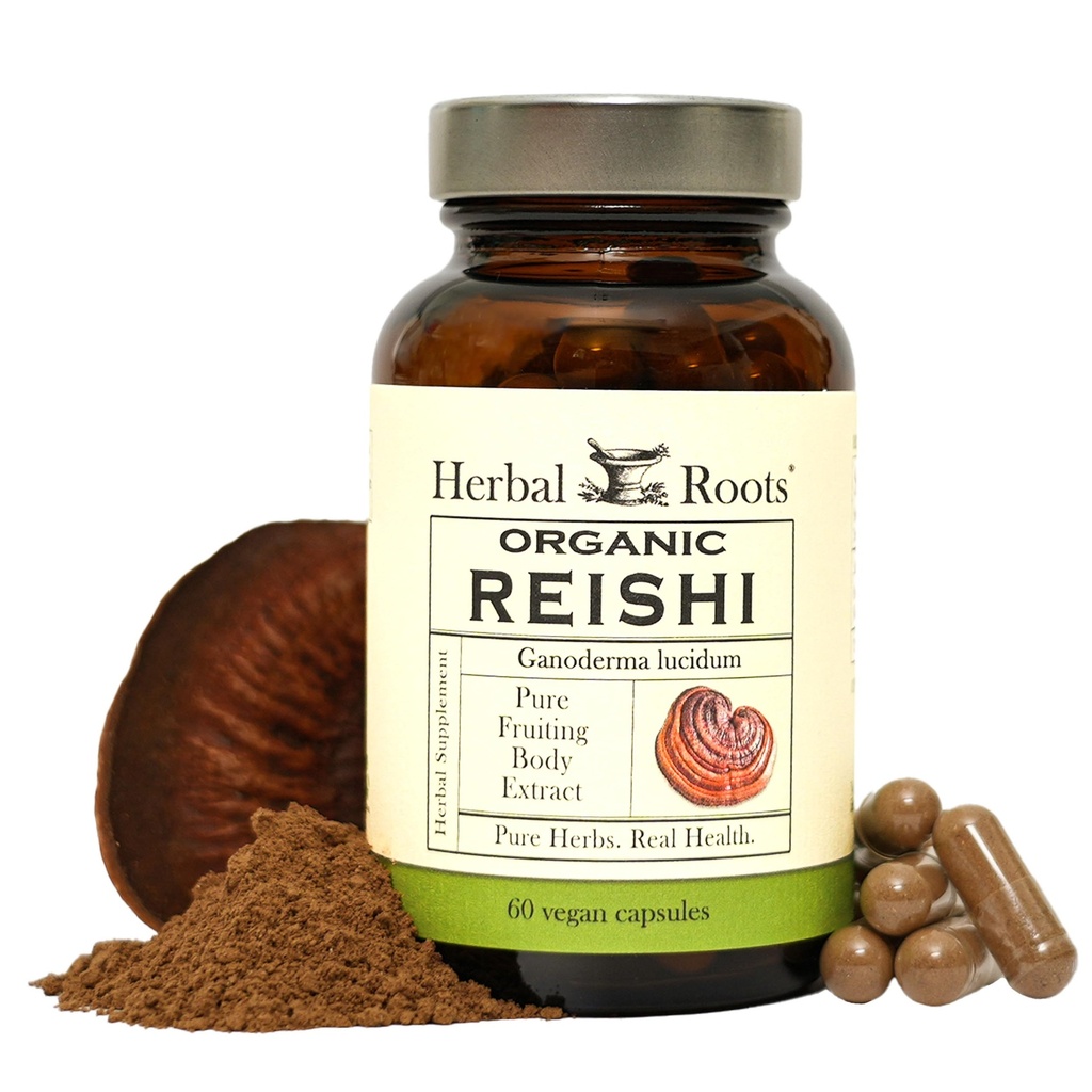 Herbal Roots Organic Reishi Mushroom Capsules - Made with Fruiting Bodies - Support Energy, Vitality, Immune & Heart Health - 60 Vegan Capsules