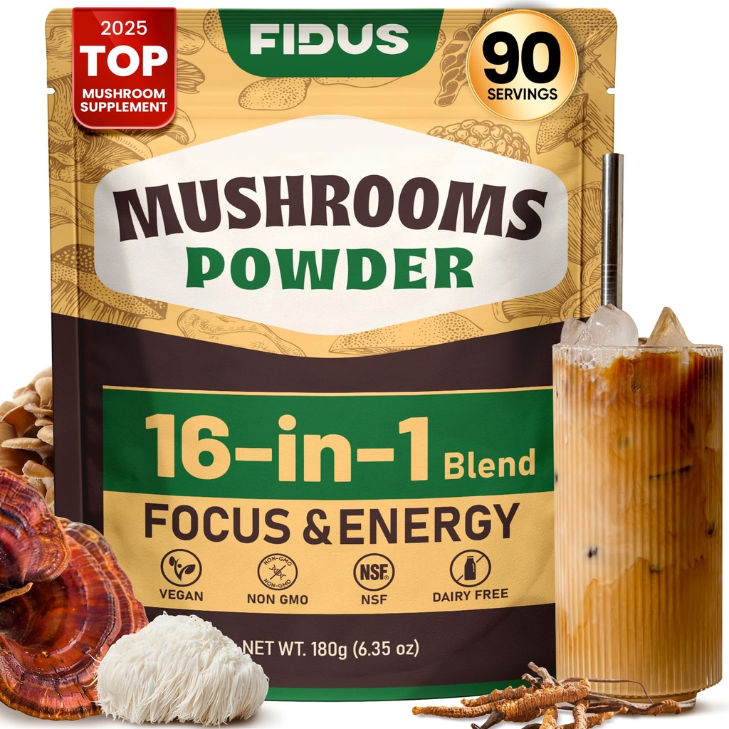Fidus 16 Mushroom Supplement Powder with 1,730mg per Serving, 90 Day Servings Mushroom Coffee Alternative for Immunity, Focus & Energy with Ashwagandha, Lion's Mane, Reishi, 100% Fruiting Bodies
