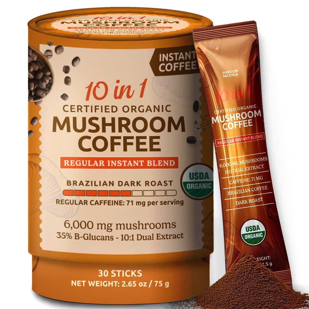 10-in-1 USDA Certified Organic Mushroom Coffee Instant, Instant Mushroom Coffee Brazilian Dark Roast for Better Energy, Focus, Gut Health, 30 Sticks, Regular Caffeine - MatchaDNA