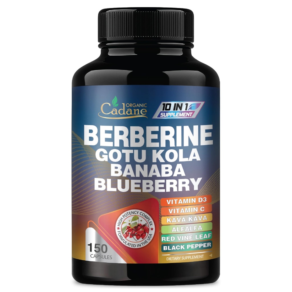 Cadane Premium Berberine Extract - Berberine supplement 10in1 met Gotu Kola, Banaba Leaf & More - 150 capsules voor ondersteuning van het Immuniteits- en spijsverteringssysteem