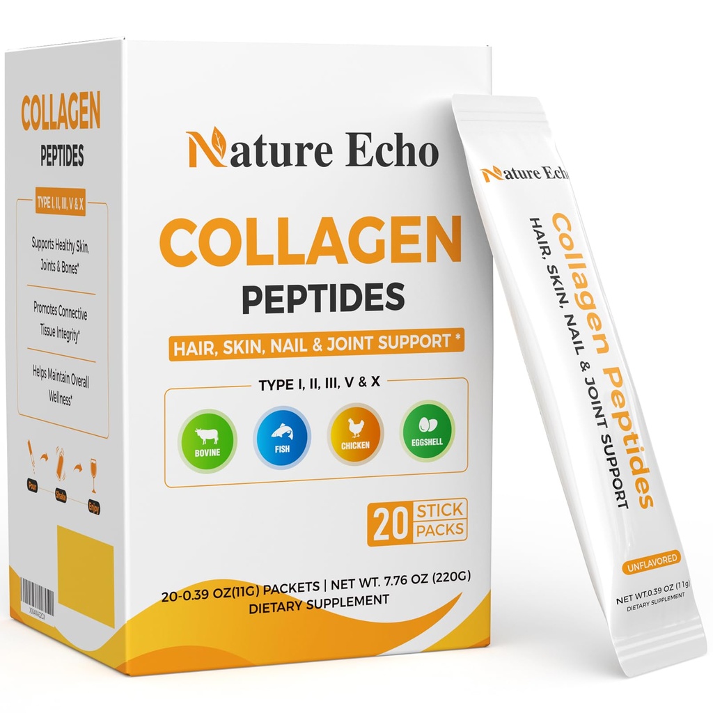 Collagen Peptides, 5 Types of Hydrolyzed Collagen Powder Supplement, 11g Collagen Travel Packets for Women & Men, Supports Hair, Skin, Nails, Joints & Bones, Unflavored, Non-GMO, 20 Individual Packets